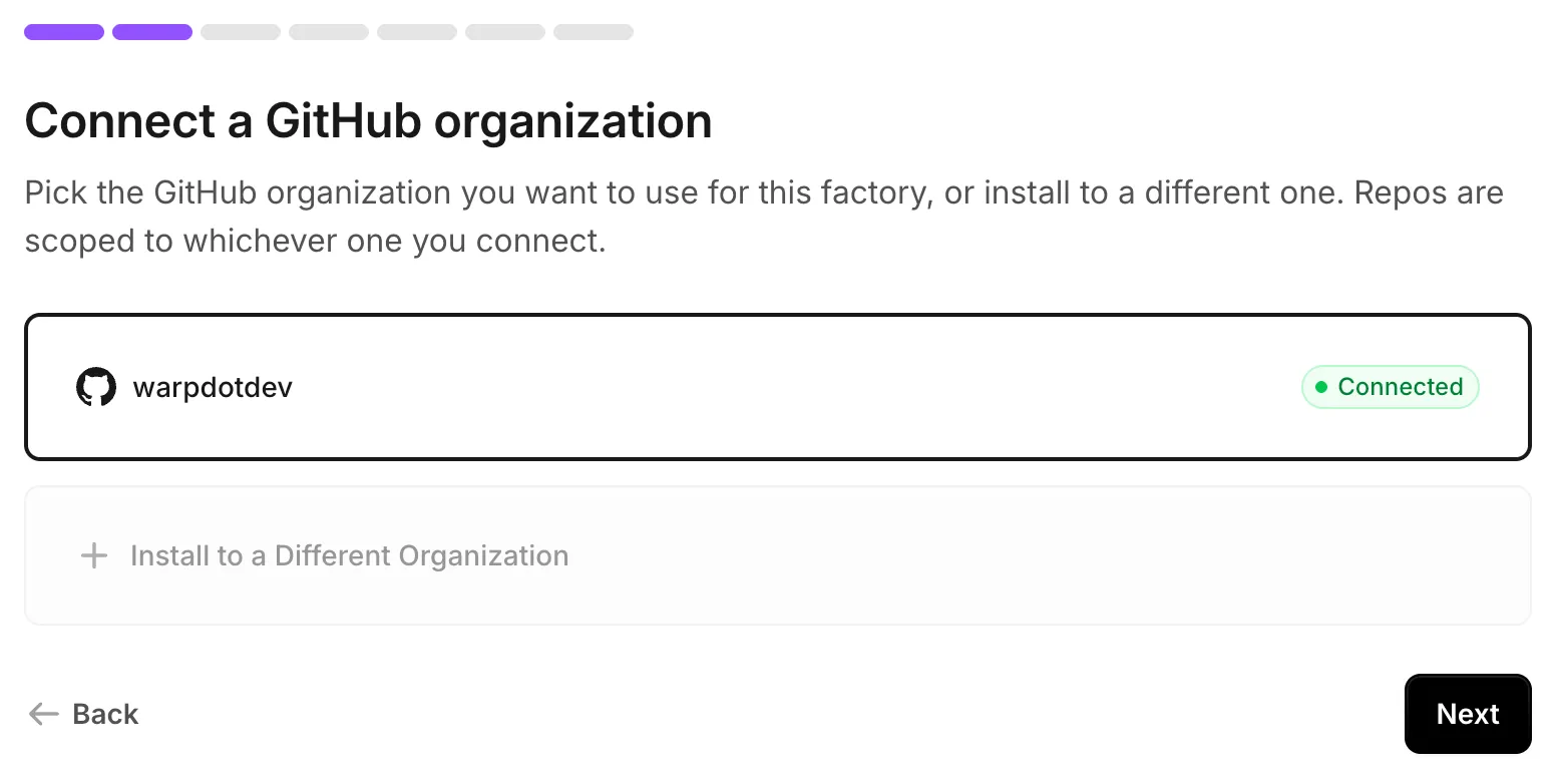 The Connect a GitHub organization screen, with an already-connected organization shown as an option.